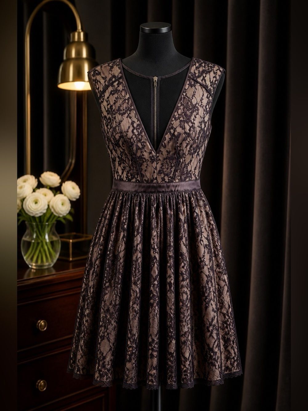 BLACK LACE OVER METALLIC BEIGE S-M by MUSTARD SEED